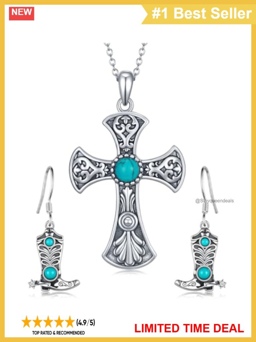 Turquoise Cross Necklace Earrings Set 925 Sterling Silver Western Jewelry